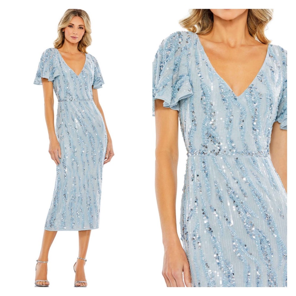 Mac Duggal Ice Blue Sequin V-Neck Flutter Sleeve Midi Dress